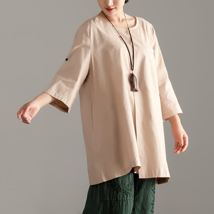 Elegante Oversize-Tops aus reiner Baumwolle Lässige Kurzarm-Khaki-Taschen-Longtops