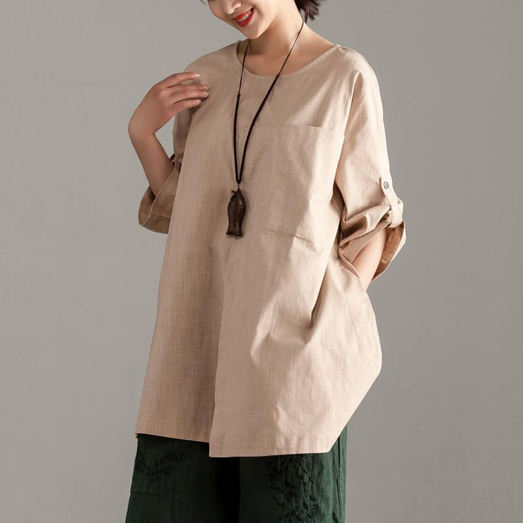 Elegante Oversize-Tops aus reiner Baumwolle Lässige Kurzarm-Khaki-Taschen-Longtops