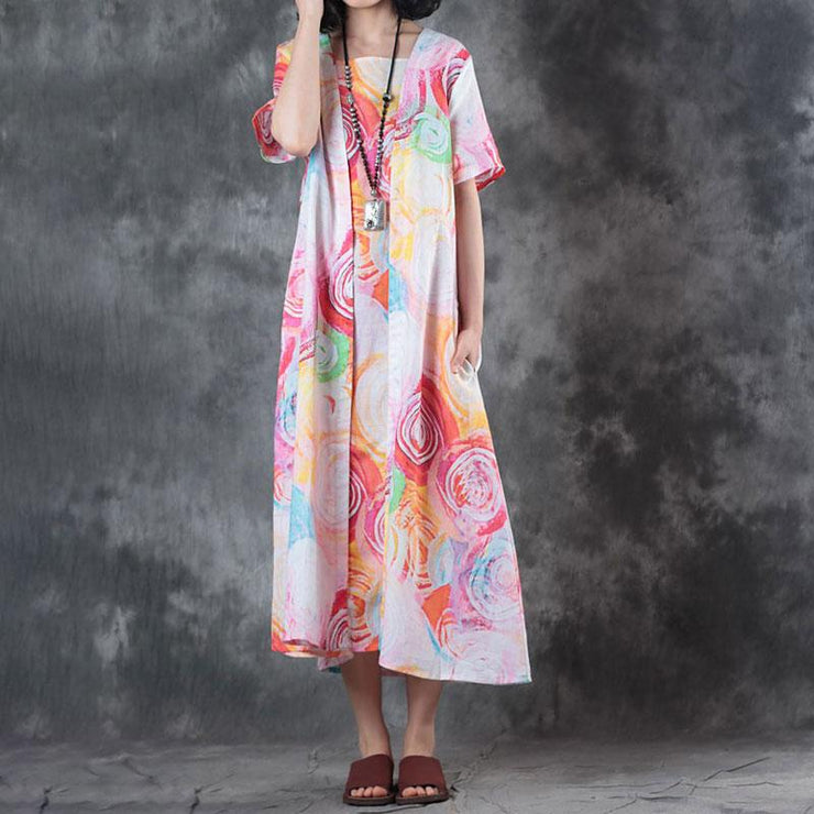 Elegant pure linen tops trendy plus size False Two-piece Short Sleeve Printed Summer Dress