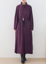 Elegant purple clothes For Women high neck drawstring Kaftan  Dresses - SooLinen