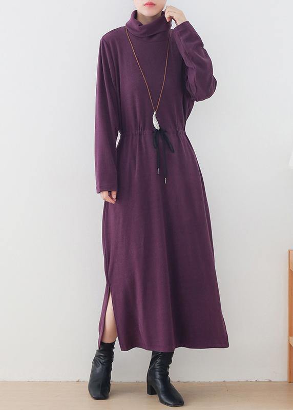 Elegant purple clothes For Women high neck drawstring Kaftan  Dresses - SooLinen
