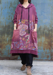 Elegant purple cotton Tunics prints long big pockets Dress - SooLinen