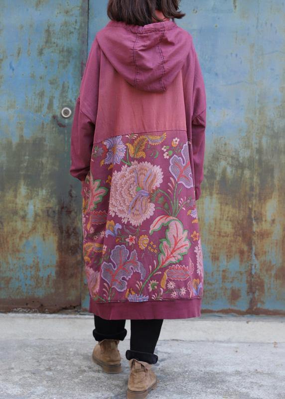Elegant purple cotton Tunics prints long big pockets Dress - SooLinen