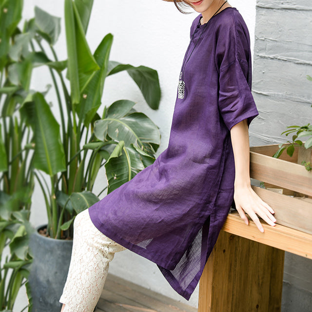 Elegantes lila Leinenkleid aus natürlicher Baumwolle in Übergröße Reisekleidung Feines Kurzarm-O-Ausschnitt-Röcke aus Baumwolle und Leinen