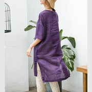 Elegant purple natural cotton linen dress oversize traveling clothing Fine short sleeve O neck a line skirts cotton linen dress