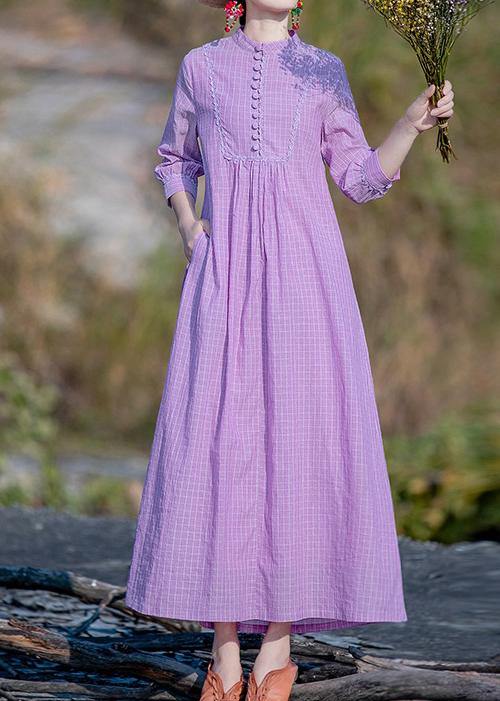 Elegant purple plaid dress stand collar pockets A Line spring Dress - SooLinen