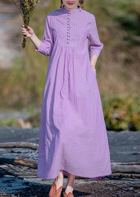 Elegant purple plaid dress stand collar pockets A Line spring Dress - SooLinen