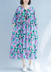 Elegant purple prints cotton linen quilting dresses Cinched waist Love summer Dress - SooLinen