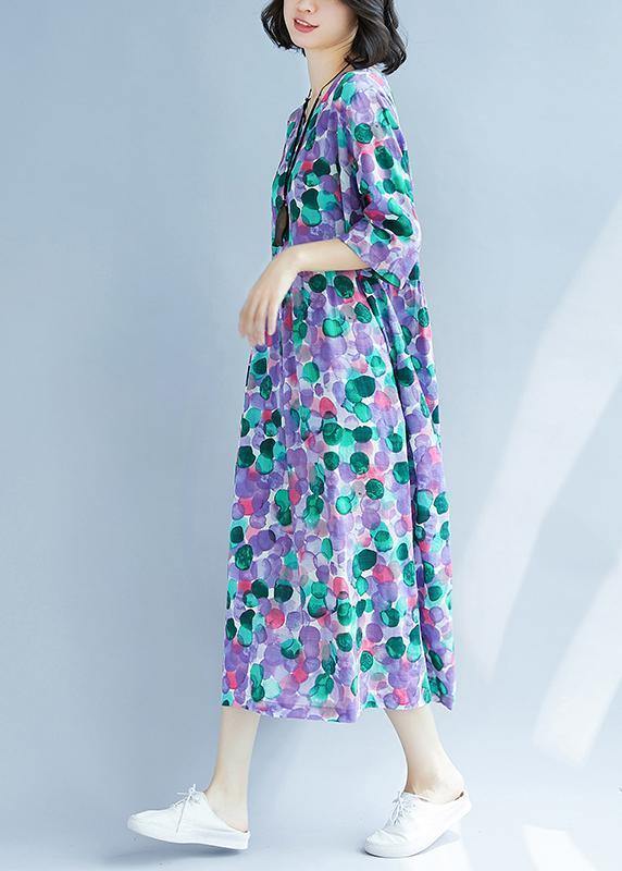 Elegant purple prints cotton linen quilting dresses Cinched waist Love summer Dress - SooLinen