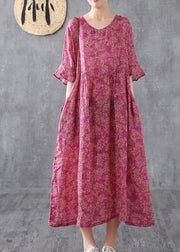 Elegant purple red print linen dress o neck Petal Sleeve loose summer Dress - SooLinen