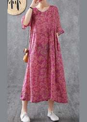 Elegant purple red print linen dress o neck Petal Sleeve loose summer Dress - SooLinen