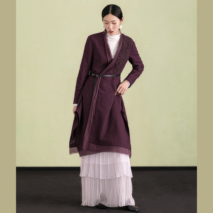 Elegant purple wool overcoat Loose fitting embroidery Winter coat patchwork jacket