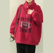 Elegant red Letter tunics for women Shirts high neck zippered fuzzy wool top - SooLinen