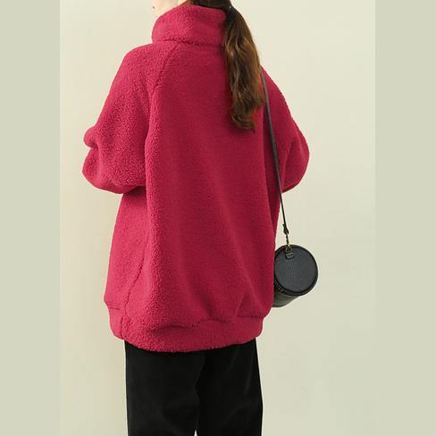 Elegant red Letter tunics for women Shirts high neck zippered fuzzy wool top - SooLinen