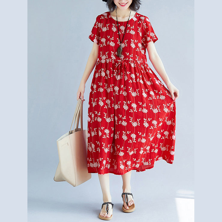 Elegant red Midi-length cotton blended dress Loose fitting traveling clothing New short sleeve print drawstring clothing dress