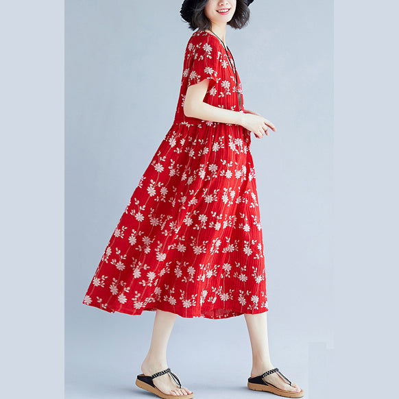 Elegant red Midi-length cotton blended dress Loose fitting traveling clothing New short sleeve print drawstring clothing dress