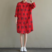 Elegant red Plaid Cotton quilting clothes lapel Button Down daily spring Dress - SooLinen