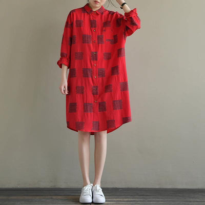 Elegant red Plaid Cotton quilting clothes lapel Button Down daily spring Dress - SooLinen