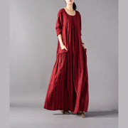 Elegant red Plaid long oversized o neck baggy linen maxi dress vintage pockets kaftans