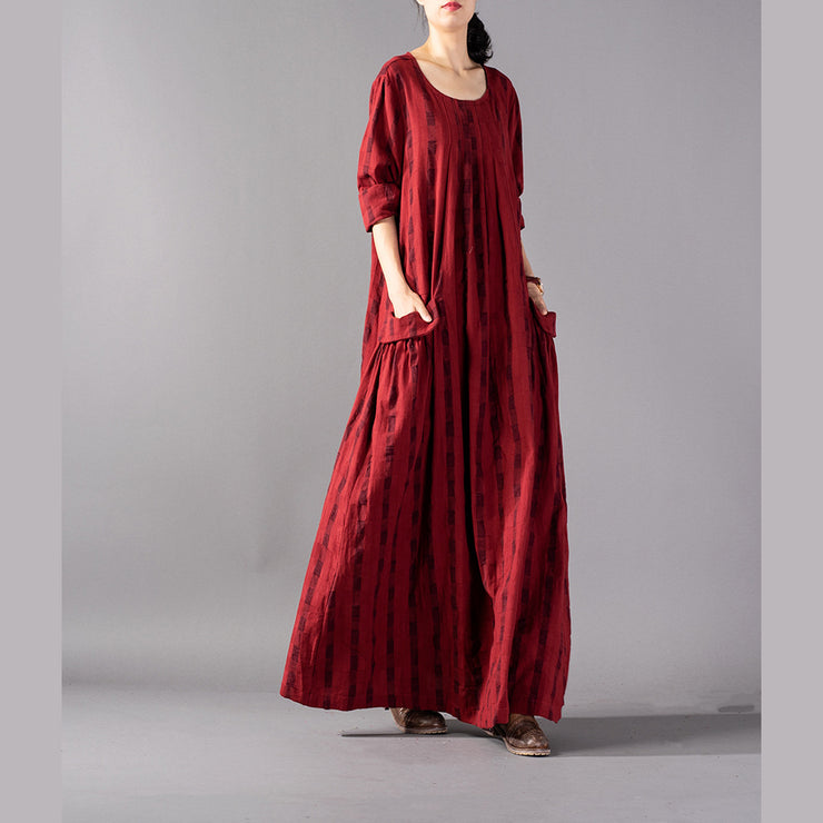 Elegant red Plaid long oversized o neck baggy linen maxi dress vintage pockets kaftans