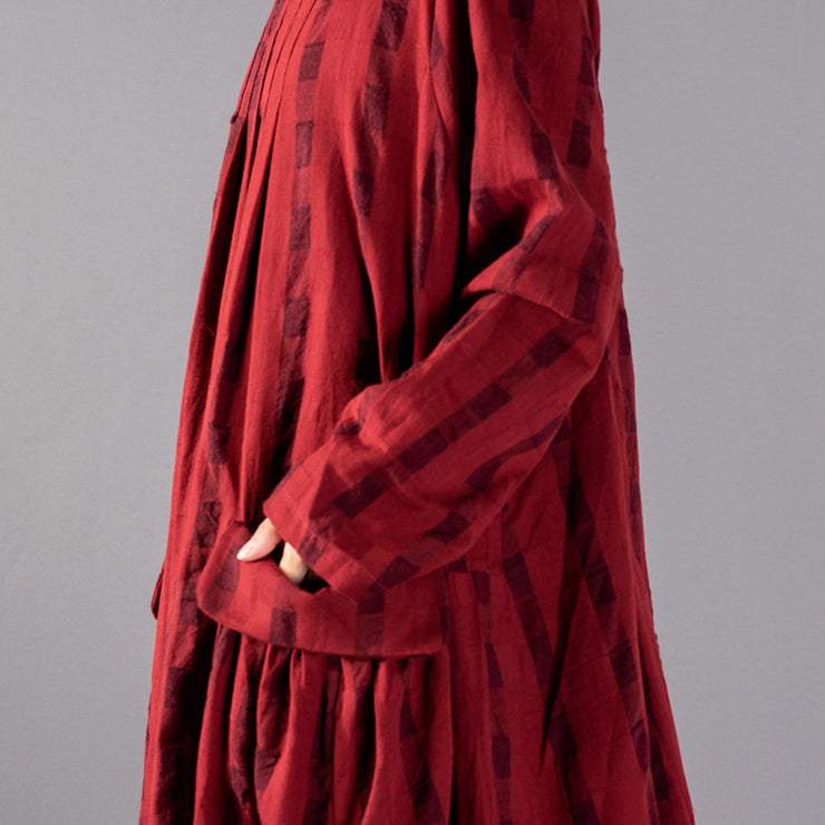 Elegantes, rotes, kariertes, langes, übergroßes Leinen-Maxikleid mit O-Ausschnitt, Vintage-Taschen, Kaftans