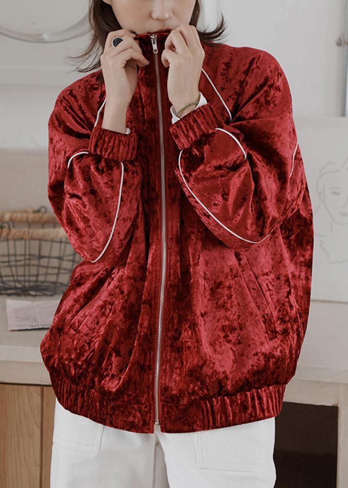 Elegant red Plus Size clothes Outfits zippered fall women coats - SooLinen