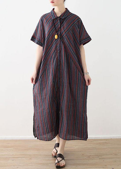 Elegant red blue striped cotton linen shirt dresses lapel collar summer Dress - SooLinen