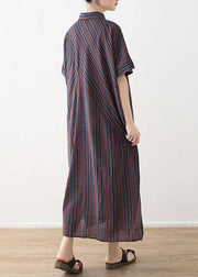 Elegant red blue striped cotton linen shirt dresses lapel collar summer Dress - SooLinen