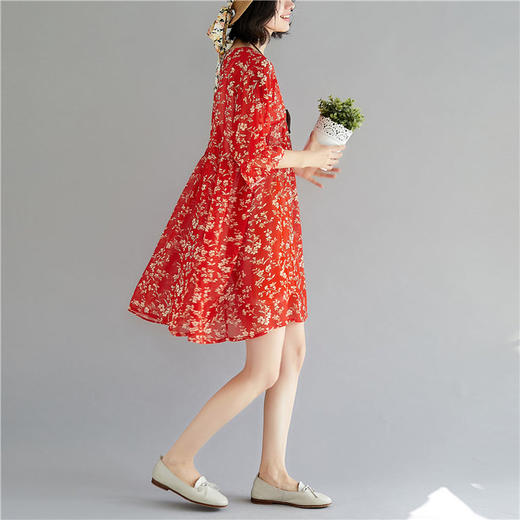 Elegantes rotes Chiffon-Kleid O-Ausschnitt Langarm-Partykleid Druck Baggy Kleider Chiffon-Kleid