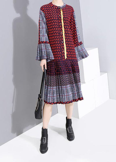 Elegant red cotton quilting clothes Petal Sleeve A Line patchwork Dress - SooLinen