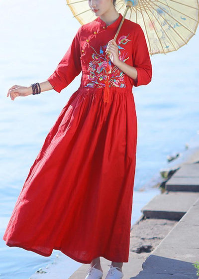 Elegant red embroidery linen Robes v neck drawstring summer Dresses - SooLinen