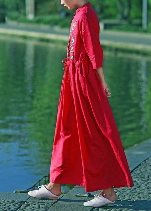 Elegant red embroidery linen Robes v neck drawstring summer Dresses - SooLinen