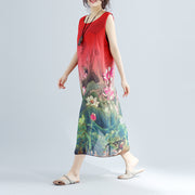 Elegant red floral cotton dress casual sleeveless long cotton dresses fine side open cotton dress