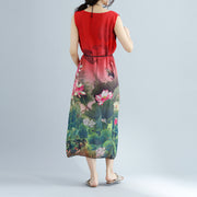 Elegant red floral cotton dress casual sleeveless long cotton dresses fine side open cotton dress