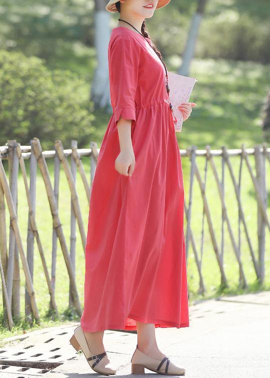 Elegant red linen cotton dresses Indian pattern v neck Three Quarter sleeve Love Summer Dress - SooLinen