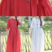 Elegant red linen cotton dresses Indian pattern v neck Three Quarter sleeve Love Summer Dress - SooLinen