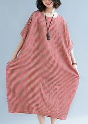 Elegant red linen maxi dress plus size O neck striped linen clothing dresses Fine baggy dresses caftans