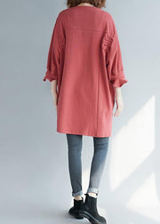 Elegant red linen tunic top o neck half sleeve short summer Dress - SooLinen