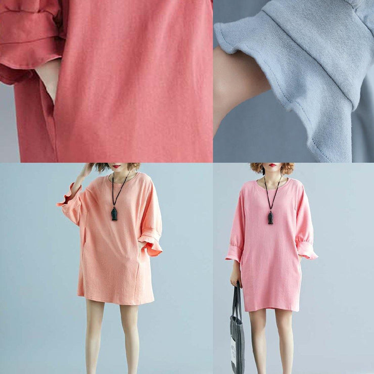Elegant red linen tunic top o neck half sleeve short summer Dress - SooLinen