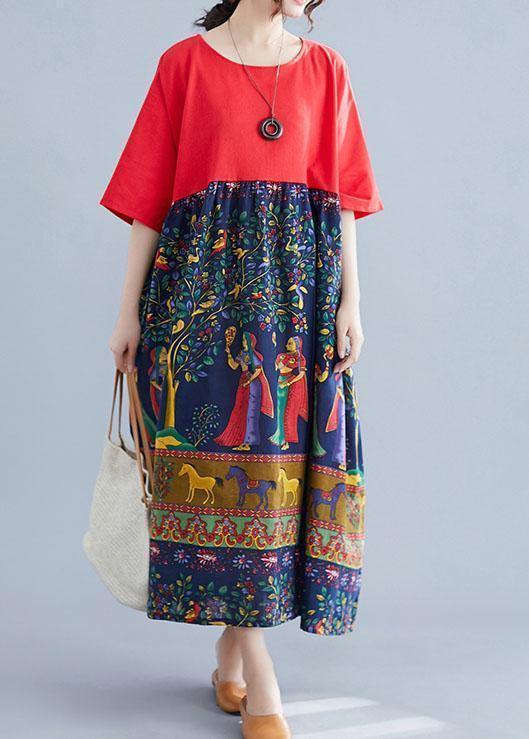 Elegant red patchwork print cotton clothes o neck Robe summer Dresses - SooLinen