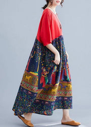 Elegant red patchwork print cotton clothes o neck Robe summer Dresses - SooLinen