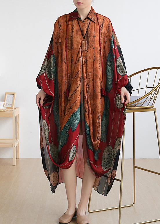 Elegant red print clothes For Women Plus Size lapel asymmetric Maxi Summer Dress - SooLinen