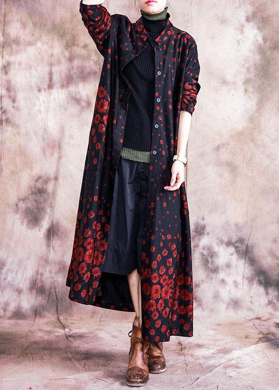 Elegant red print coats oversize fall outwear Button Down pockets coat - SooLinen