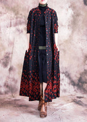 Elegant red print coats oversize fall outwear Button Down pockets coat - SooLinen