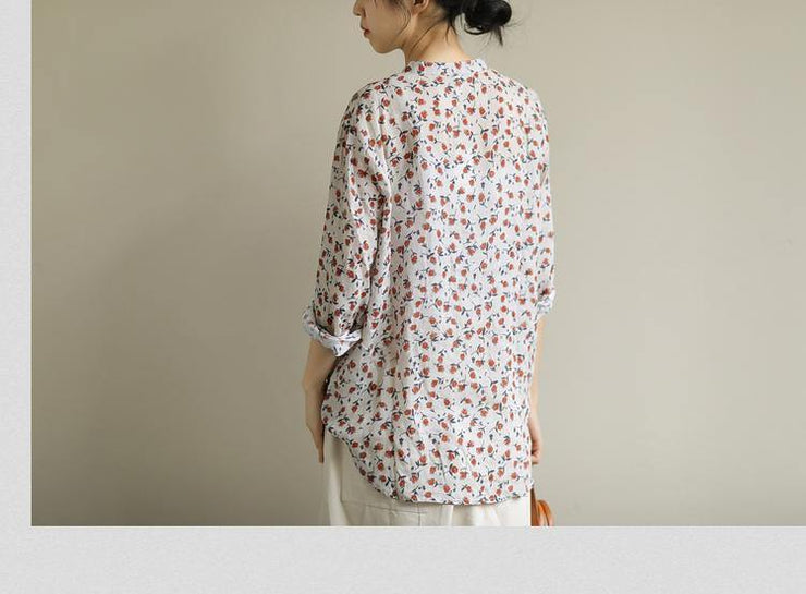 Elegant red print top o neck Button Down oversized shirt - SooLinen