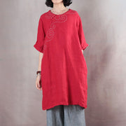 Elegantes rotes Oberteil aus reinem Leinen plus Größe Leinen-T-Shirt Boutique Halbarm-Stickstoff O-Ausschnitt Leinen-Kleidungsoberteile