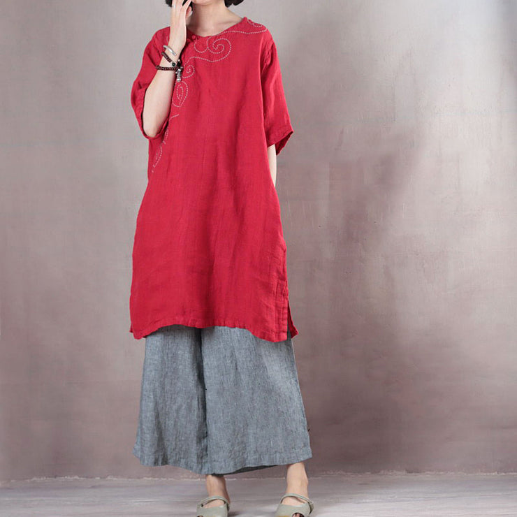 Elegant red pure linen tops plus size linen t shirt boutique half sleeve embroidery fabric O neck linen clothing tops