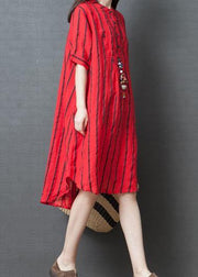Elegant red striped cotton tunic dress stand collar loose summer Dresses - SooLinen