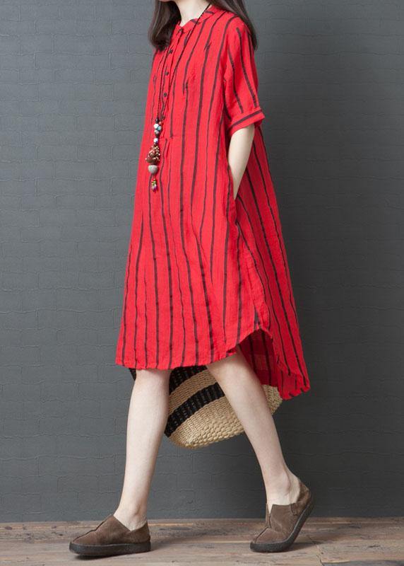 Elegant red striped cotton tunic dress stand collar loose summer Dresses - SooLinen