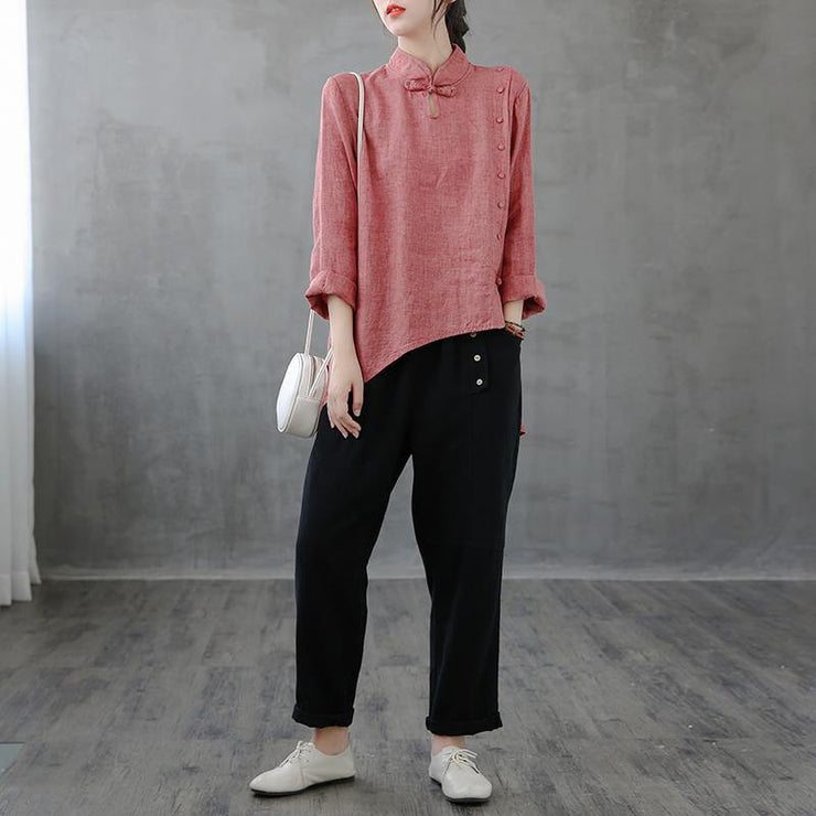 Elegant red top stand collar asymmetric oversized shirts - SooLinen